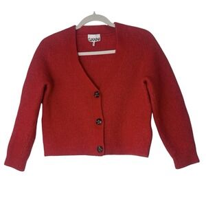 GANNI Cropped‎ Cardigan Sweater Women's Small Red Wool Alpaca Blend Button Front